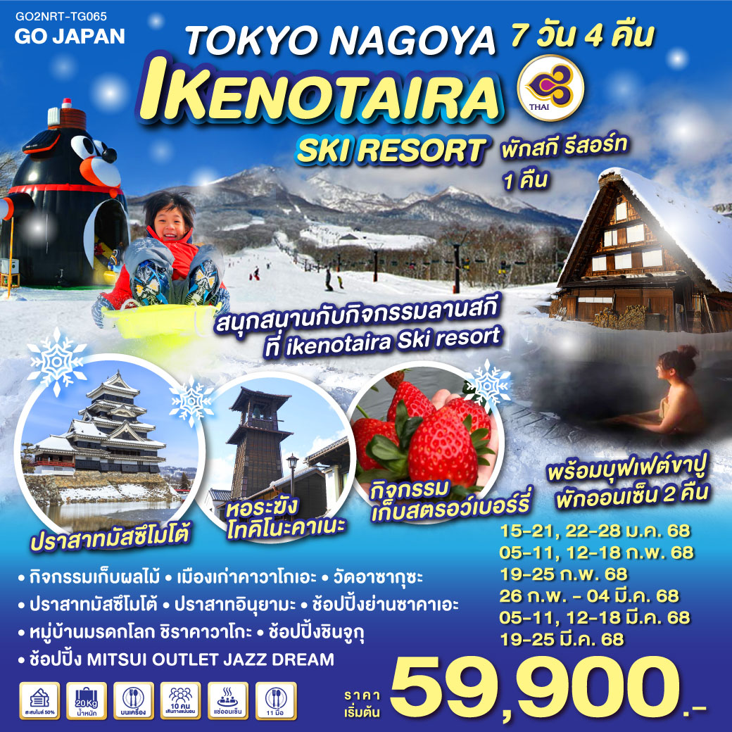 ทัวร์ญี่ปุ่น TOKYO NAGOYA IKENOTAIRA SKI RESORT 7วัน 4คืน (TG)